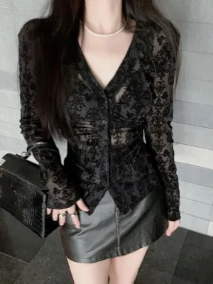 Autumn Slim V Neck Sexy Casual Women Shirts Flocking Lace Bottoming Gauze Blouses Y2k Aesthetic Vintage Elegant Blusas De Mujer