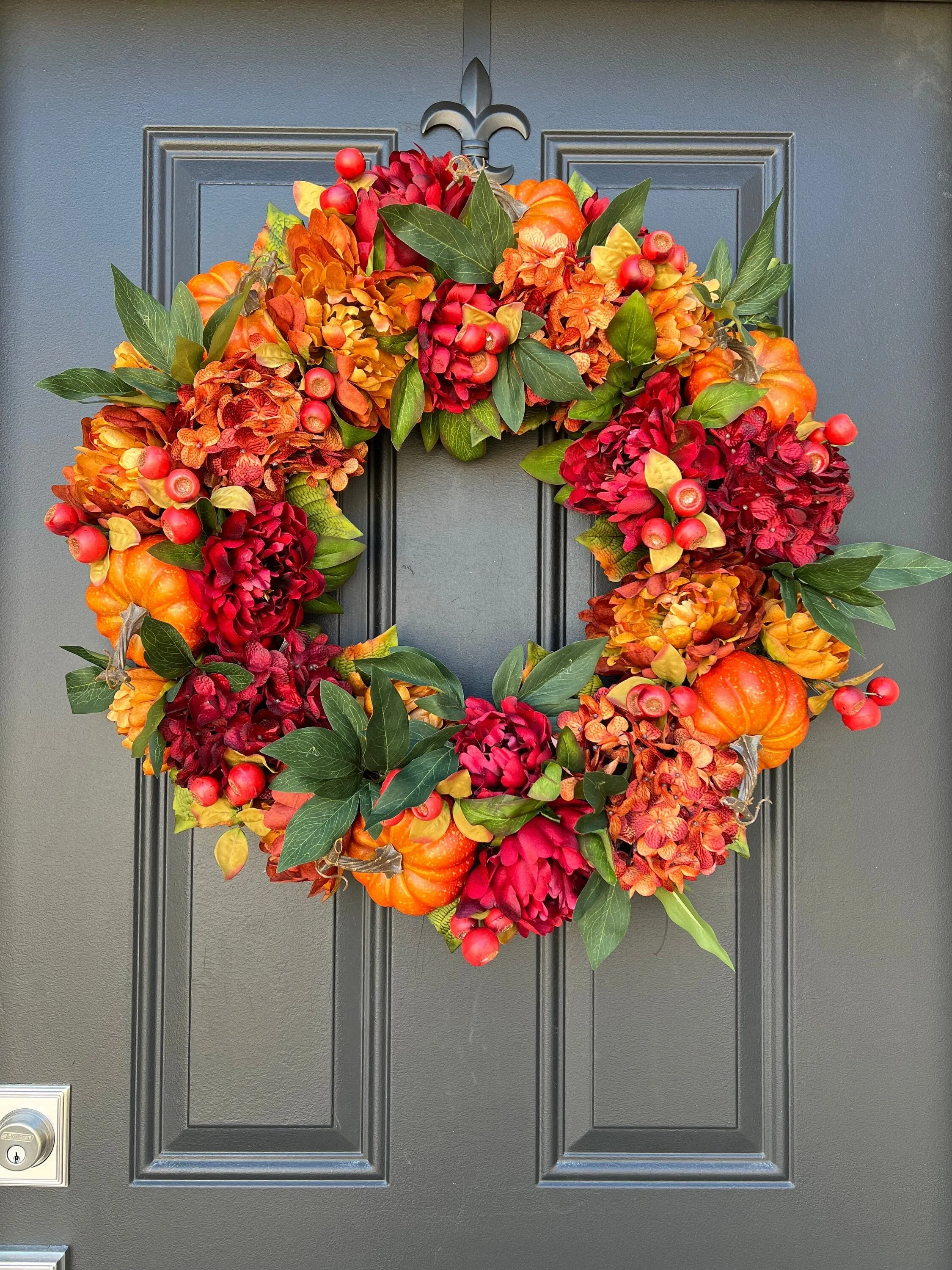 Autumn Sunset Wreath with Fall Hydrangeas, Peonies and Pumpkins