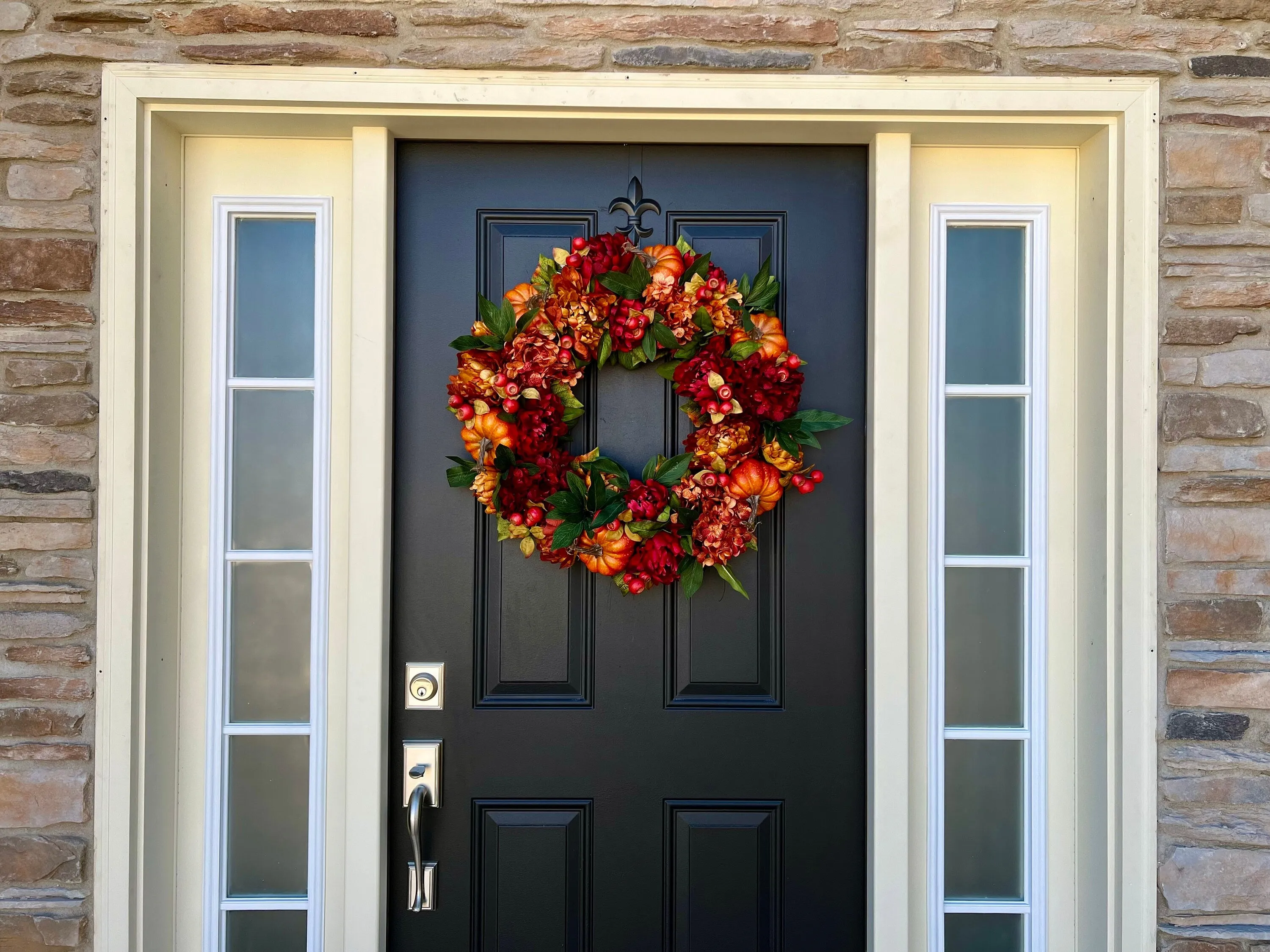 Autumn Sunset Wreath with Fall Hydrangeas, Peonies and Pumpkins