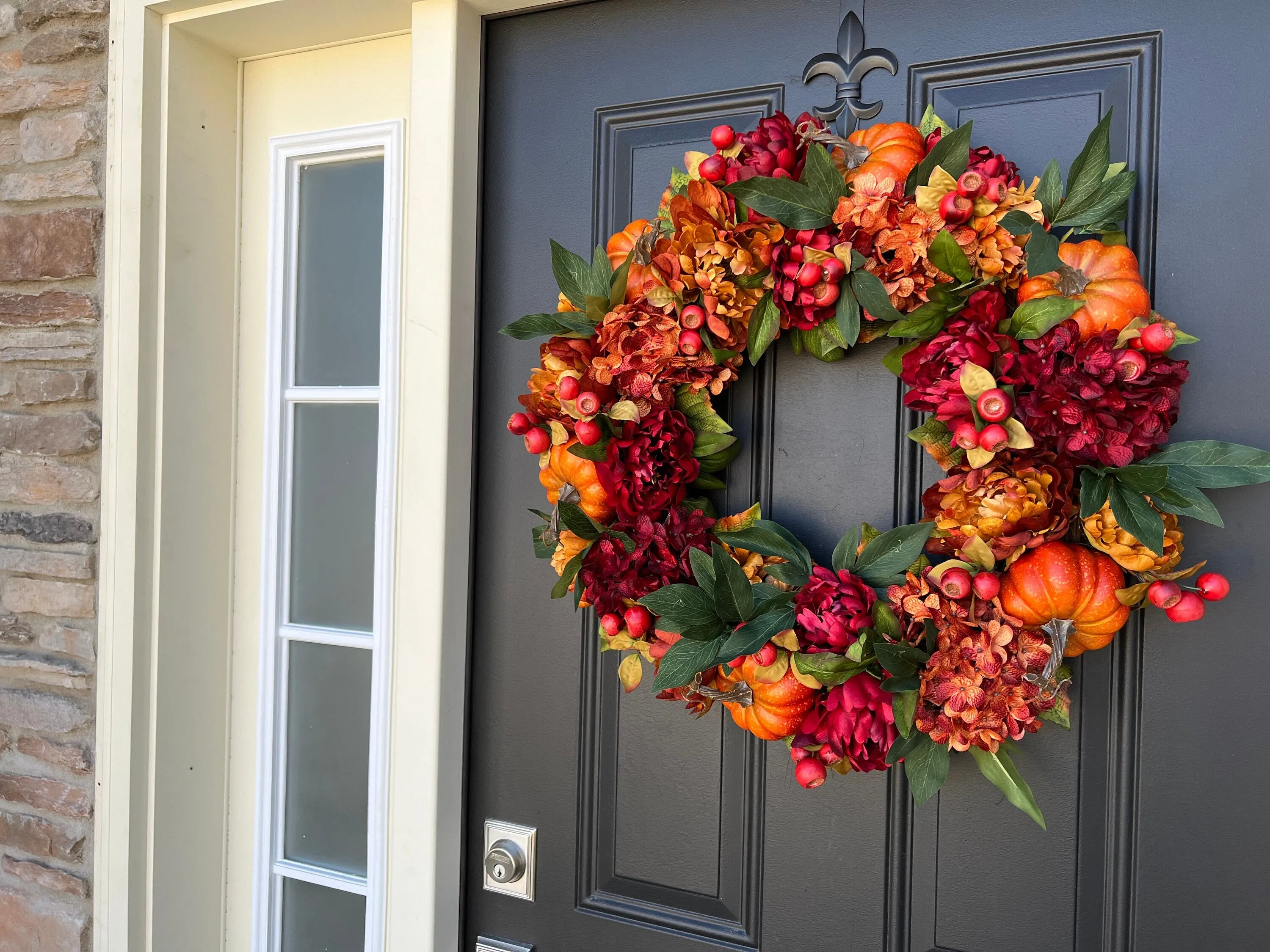 Autumn Sunset Wreath with Fall Hydrangeas, Peonies and Pumpkins