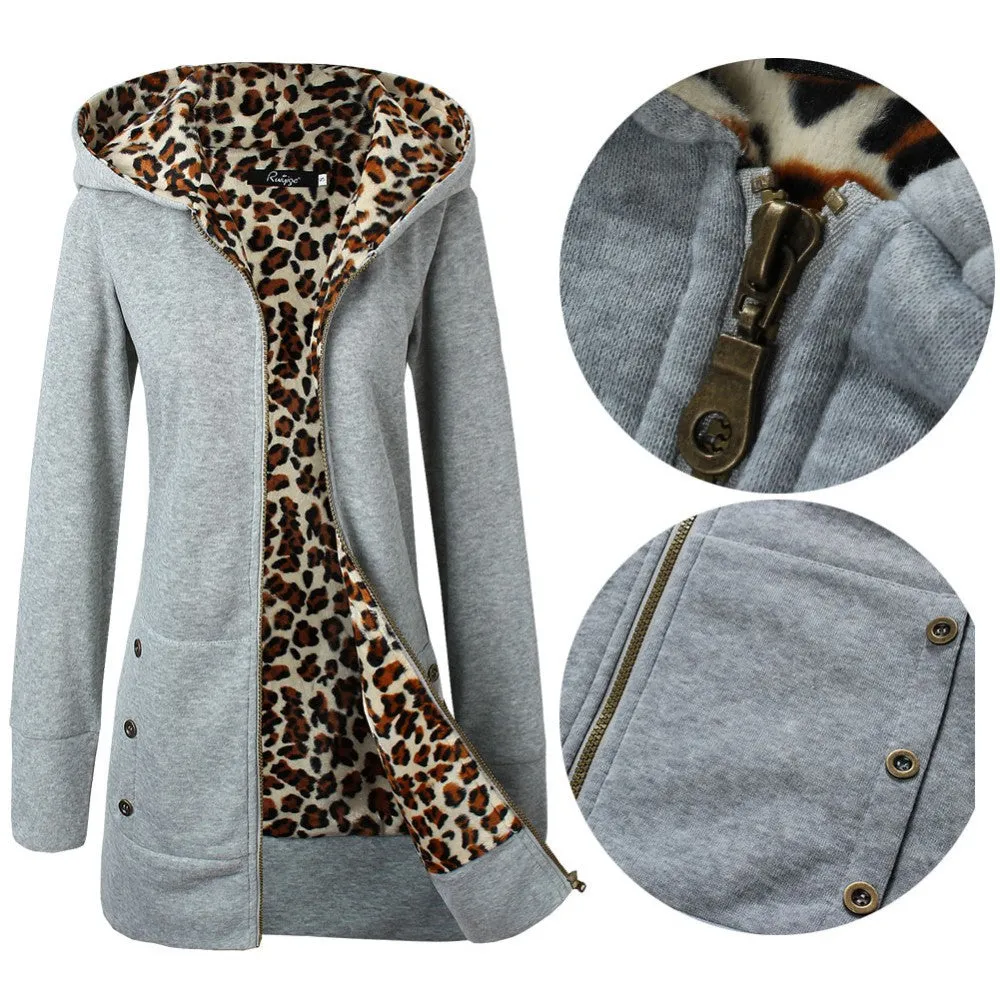 Autumn Winter Fashion Womens Leopard Printed Zipper Up Hooded Coat Jacket Long Sleeve Outwear Sweatshirts