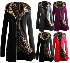 Autumn Winter Fashion Womens Leopard Printed Zipper Up Hooded Coat Jacket Long Sleeve Outwear Sweatshirts