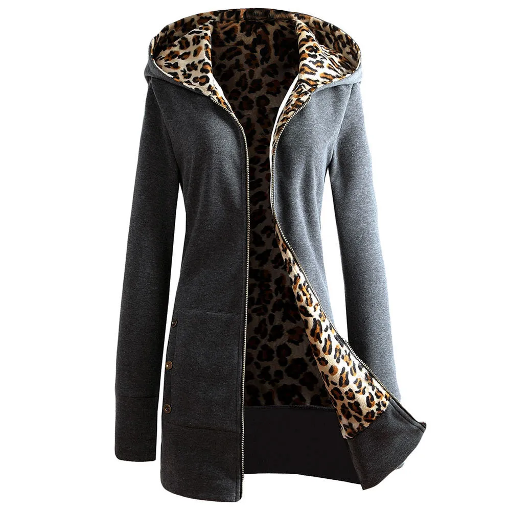 Autumn Winter Fashion Womens Leopard Printed Zipper Up Hooded Coat Jacket Long Sleeve Outwear Sweatshirts