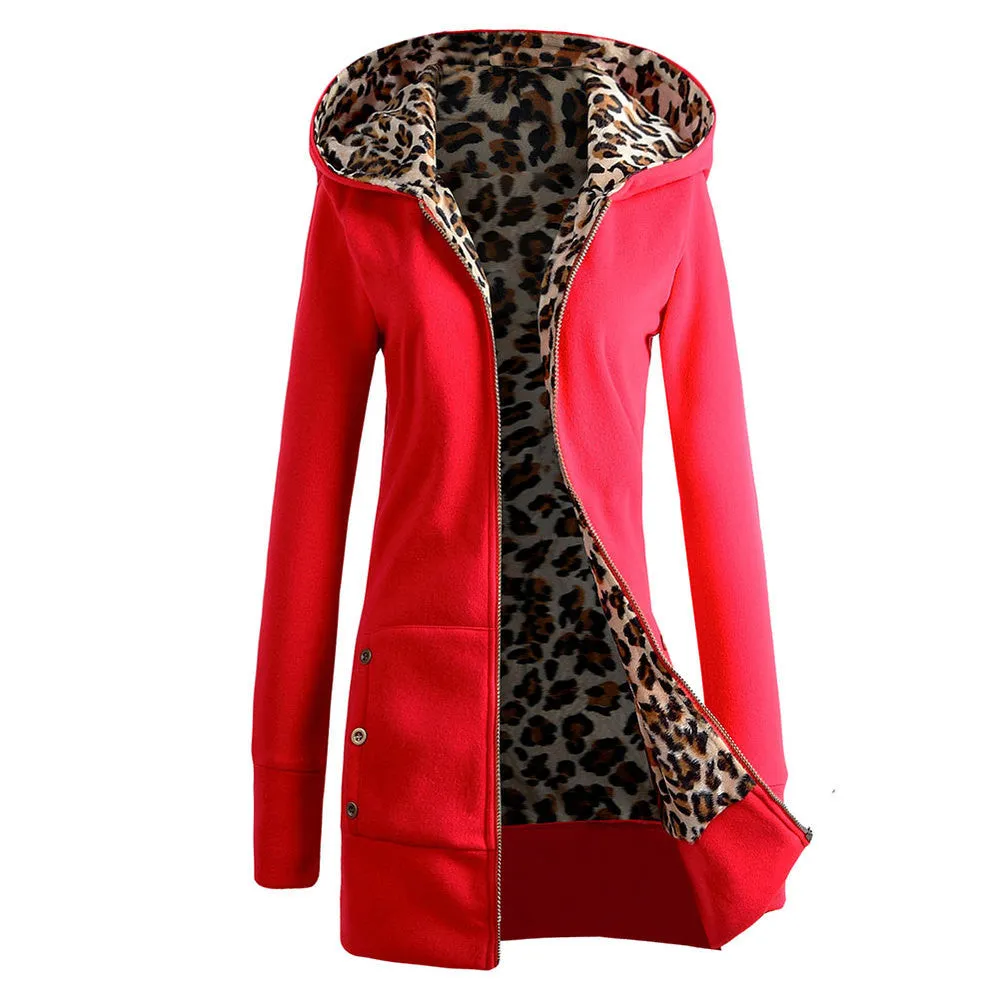 Autumn Winter Fashion Womens Leopard Printed Zipper Up Hooded Coat Jacket Long Sleeve Outwear Sweatshirts