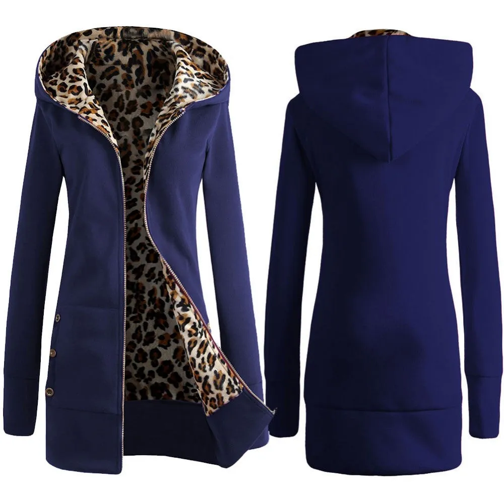 Autumn Winter Fashion Womens Leopard Printed Zipper Up Hooded Coat Jacket Long Sleeve Outwear Sweatshirts