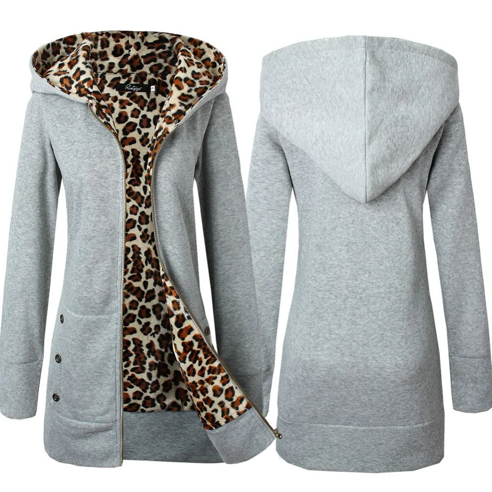 Autumn Winter Fashion Womens Leopard Printed Zipper Up Hooded Coat Jacket Long Sleeve Outwear Sweatshirts