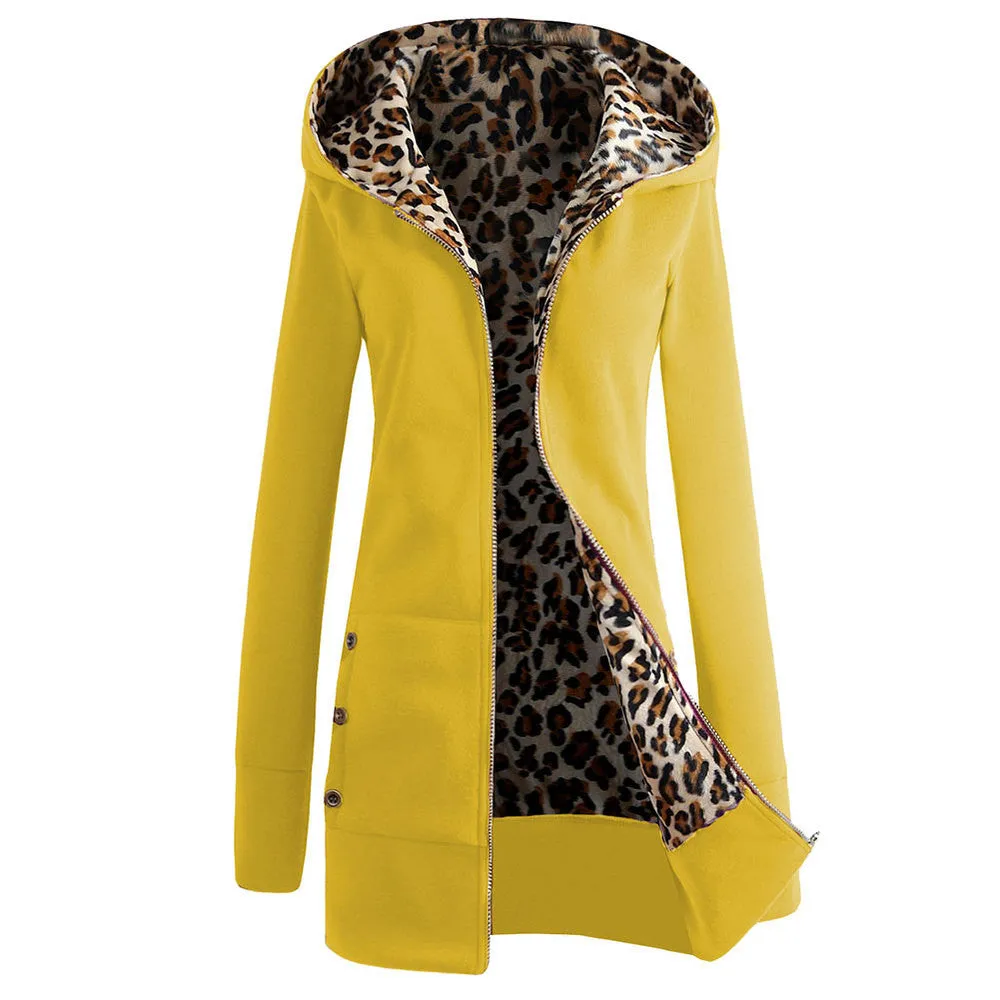 Autumn Winter Fashion Womens Leopard Printed Zipper Up Hooded Coat Jacket Long Sleeve Outwear Sweatshirts