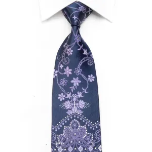 Avalon Men's Rhinestone Necktie Floral Damask On Navy With Sparkles