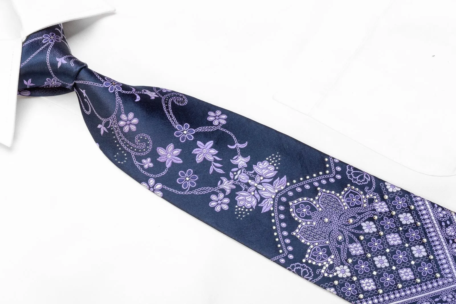 Avalon Men's Rhinestone Necktie Floral Damask On Navy With Sparkles