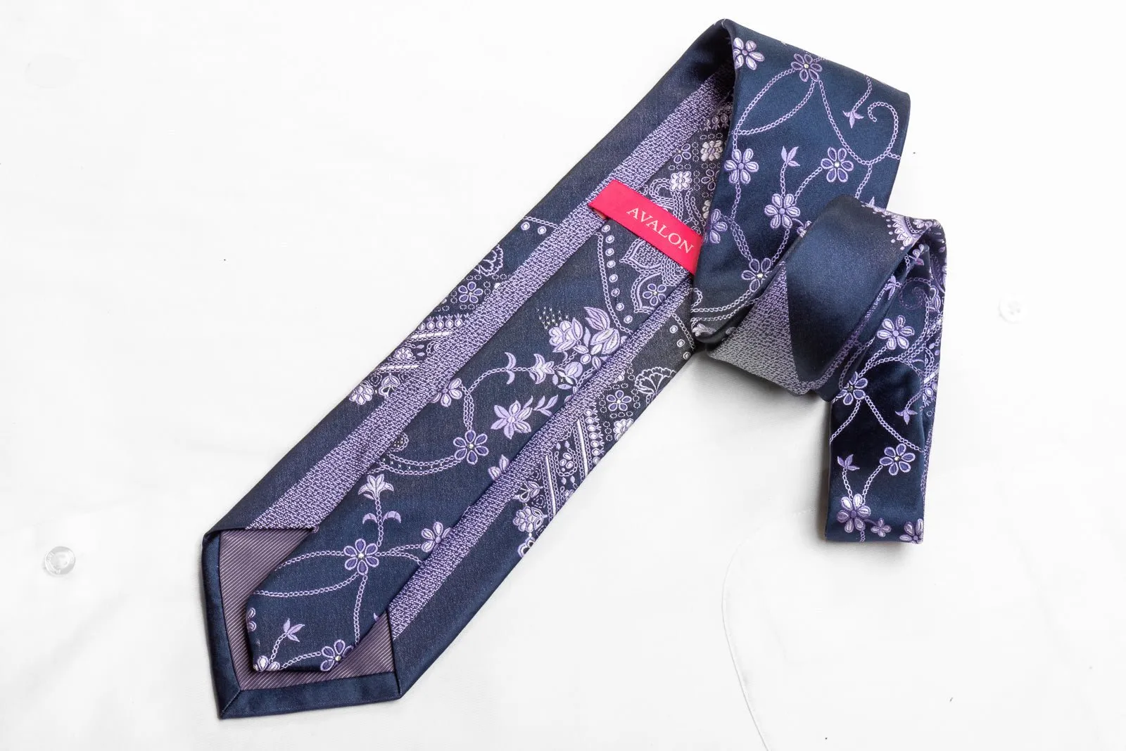 Avalon Men's Rhinestone Necktie Floral Damask On Navy With Sparkles