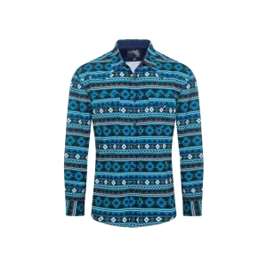 Avalon Men's Western Pearl Snap Aztec Print Blue Shirt