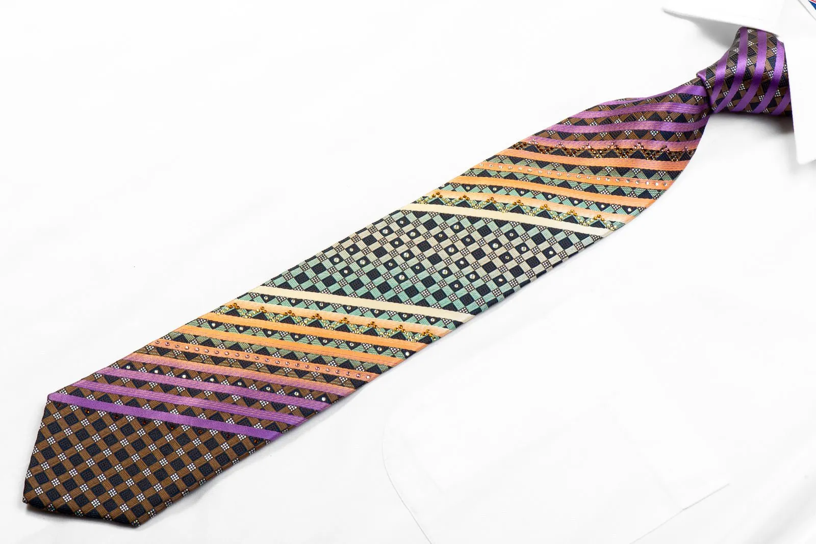 Avalon Rhinestone Silk Necktie Orange Purple Striped On Navy With Silver Sparkles