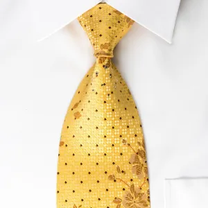 Avalon Silk Necktie Brown Floral On Yellow With Crystal Rhinestones