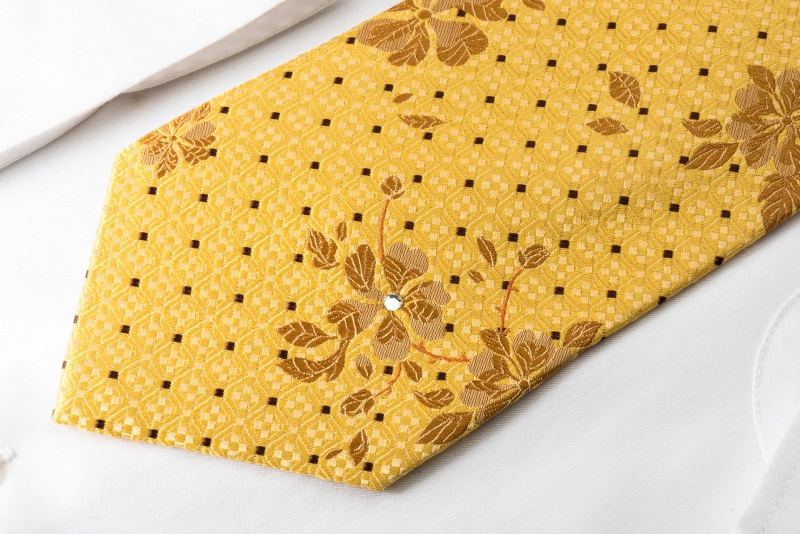 Avalon Silk Necktie Brown Floral On Yellow With Crystal Rhinestones