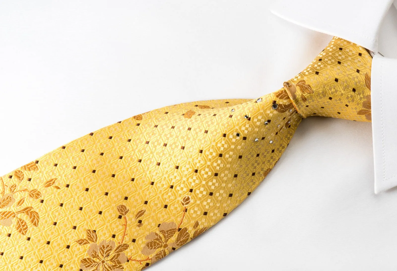 Avalon Silk Necktie Brown Floral On Yellow With Crystal Rhinestones