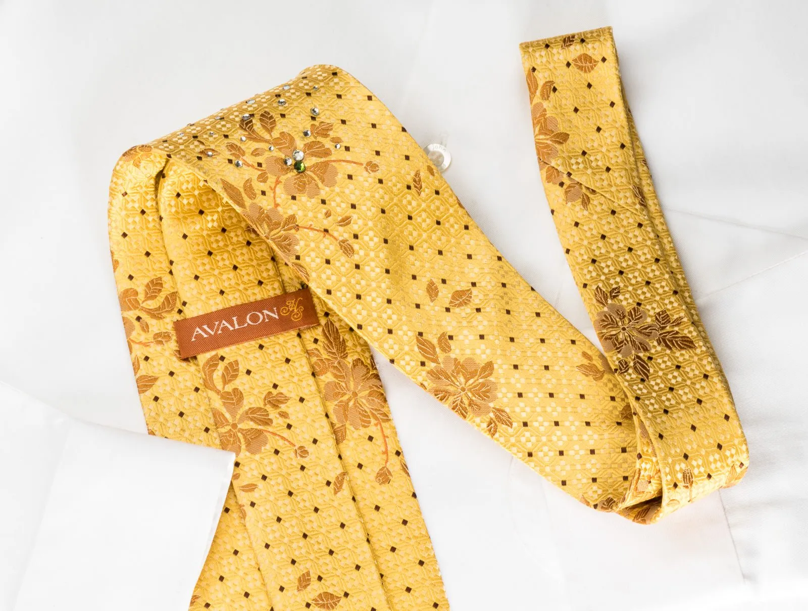 Avalon Silk Necktie Brown Floral On Yellow With Crystal Rhinestones