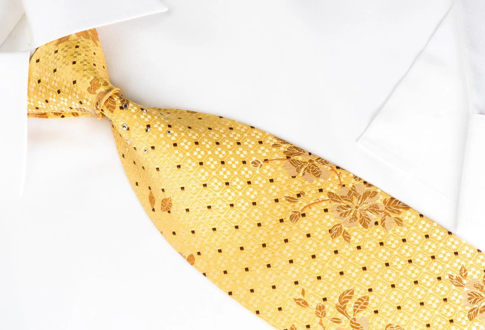 Avalon Silk Necktie Brown Floral On Yellow With Crystal Rhinestones