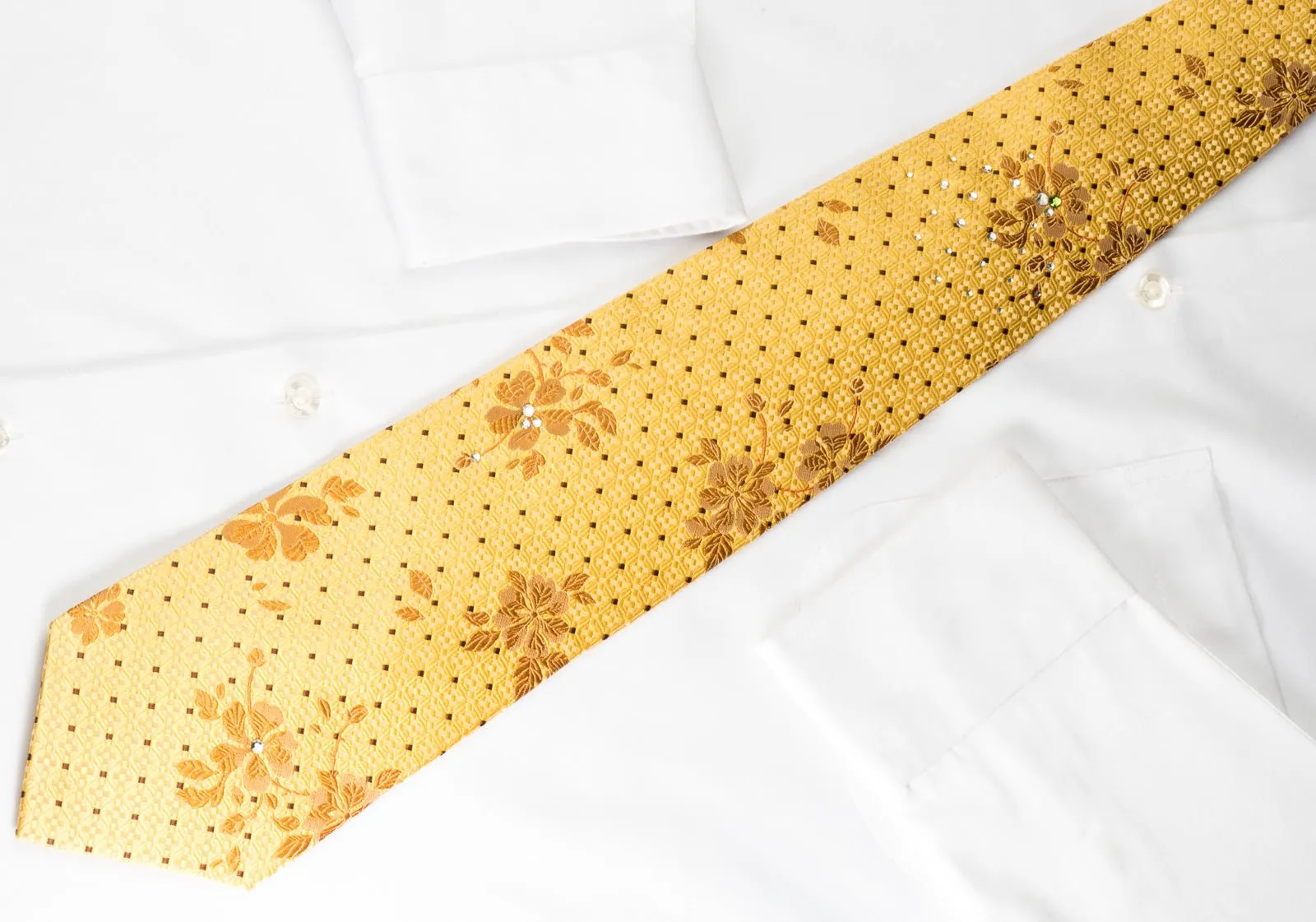 Avalon Silk Necktie Brown Floral On Yellow With Crystal Rhinestones