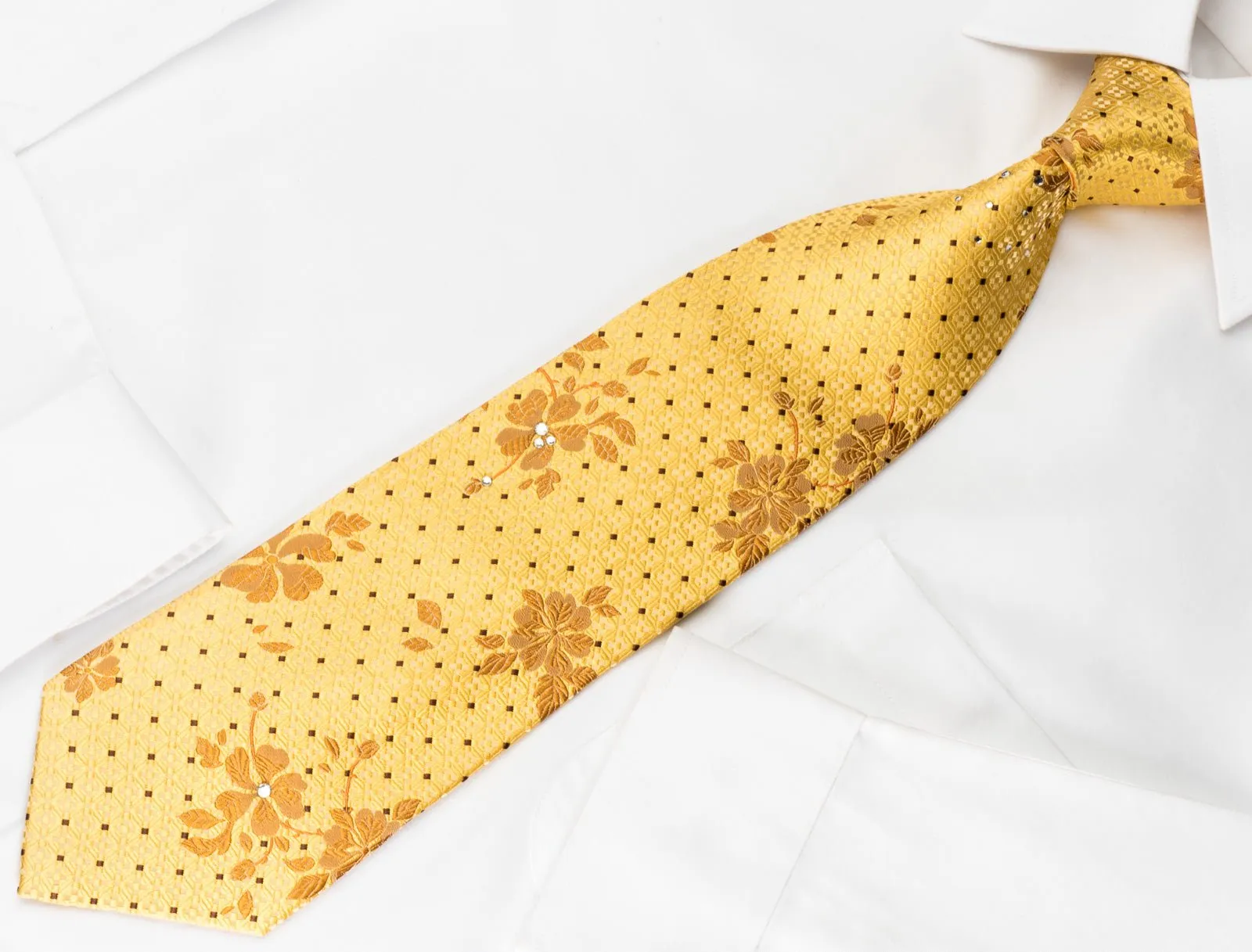 Avalon Silk Necktie Brown Floral On Yellow With Crystal Rhinestones