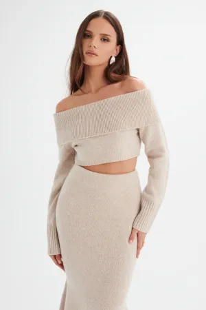 AVANI Knitted Wool Bardot Cropped Top In Stone