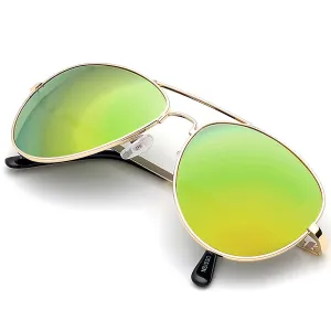 Aviator Sunglasses Classic - Non-Polarized - Gold Frame - Green/Lime Mirror