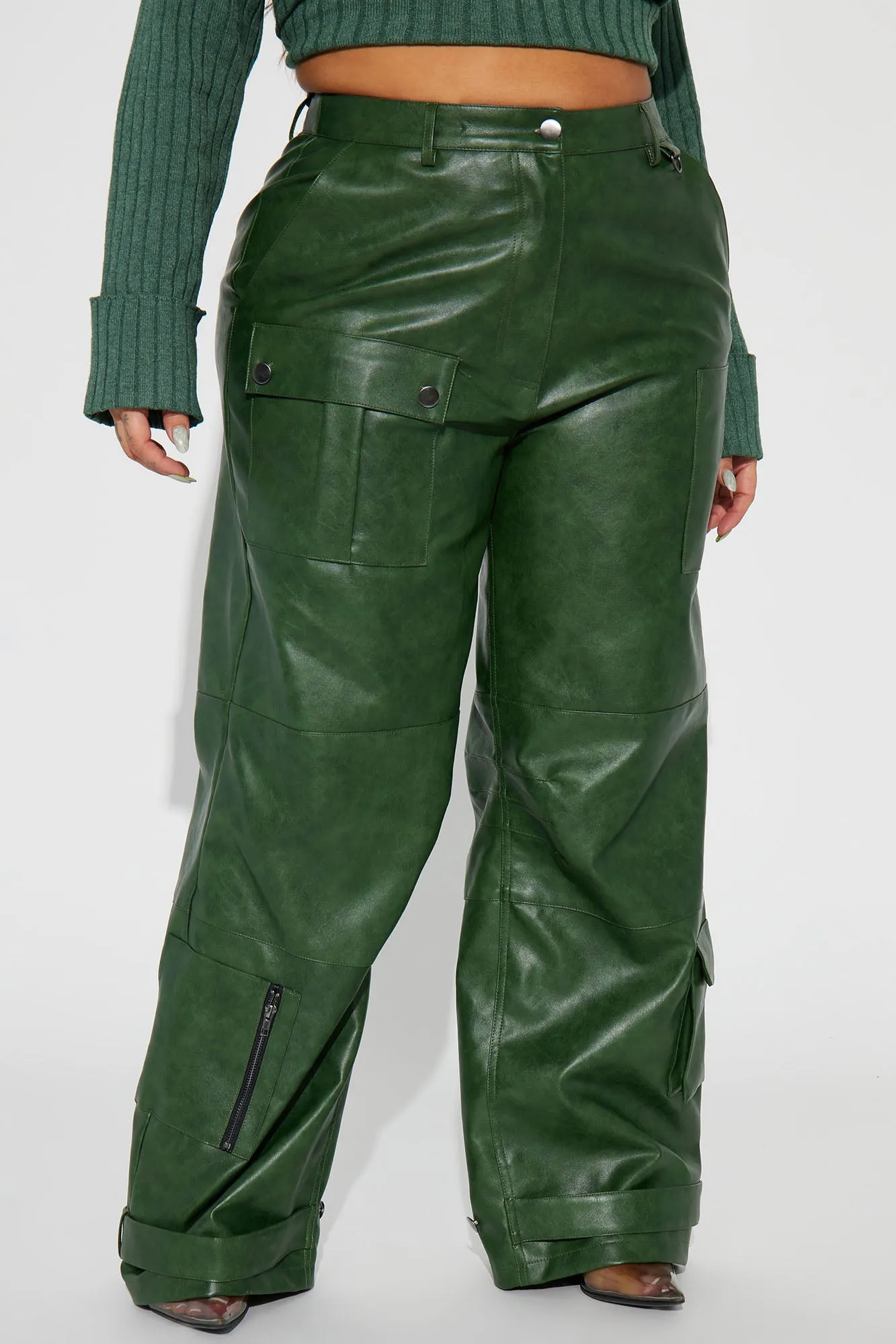 Aviva Washed Faux Leather Cargo Pant - Hunter