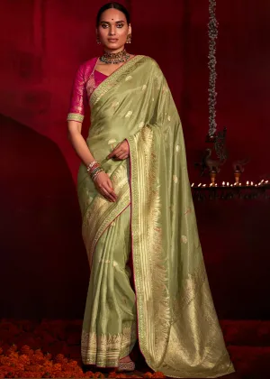 Avocado Green Zari Woven Khadi Silk Saree with Contrast Blouse