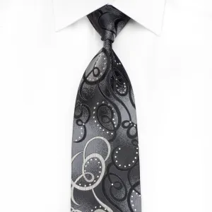 Avolio Men's Crystal Silk Tie Silver Black Scrolls On Black With Silver Sparkles