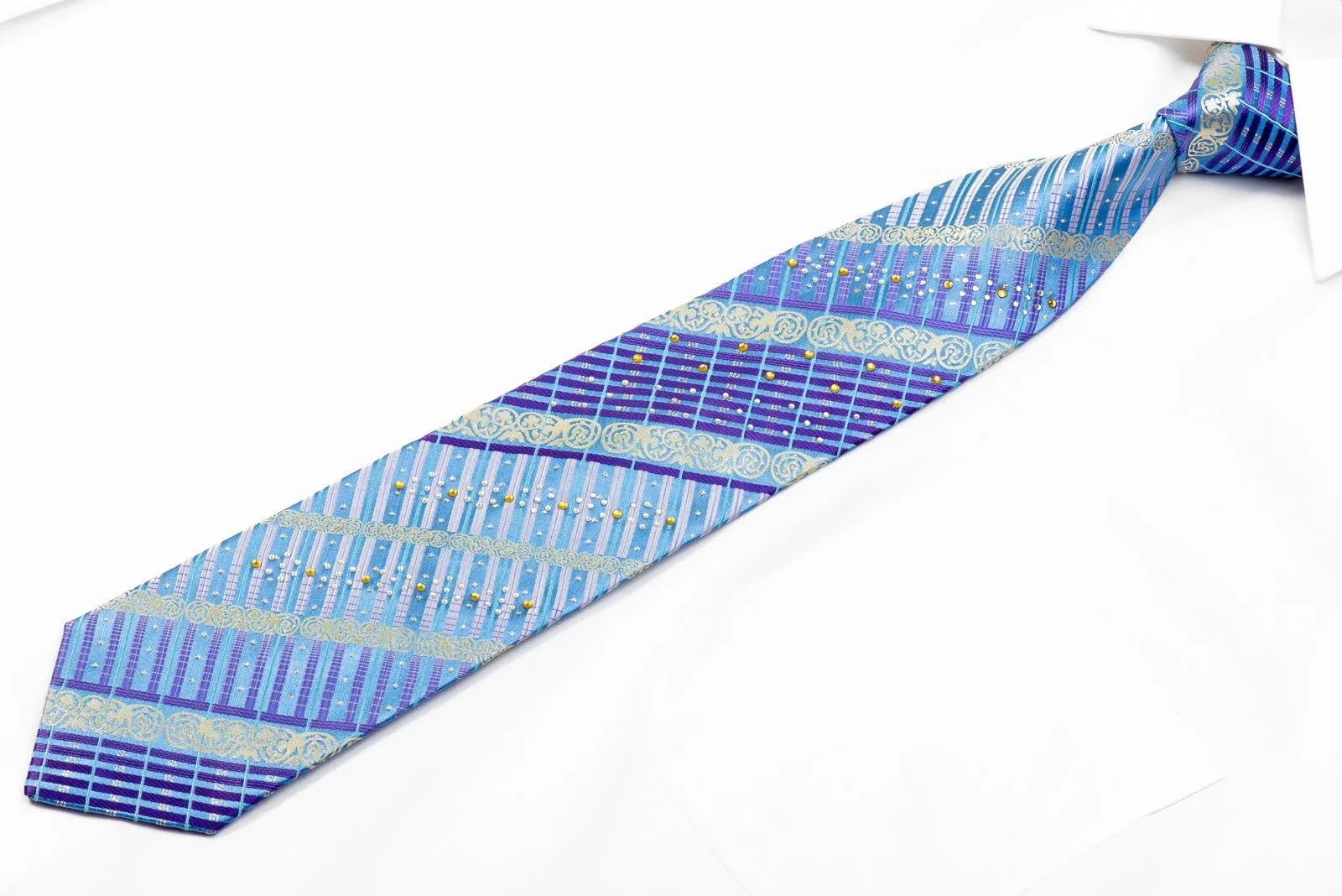 Avolio Rhinestone Necktie Purple Striped Cartouche On Pale Blue With Sparkles