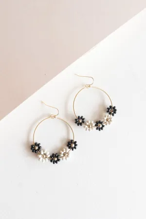 Avril Beaded Flower Hoop | Black and White beads on Gold Coiled Hoop