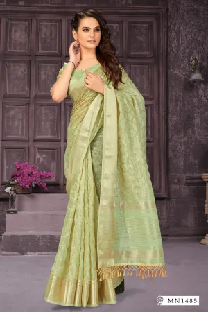 Awesome Light Green Silk  Gold Thread Work Saree Light Green Blouse