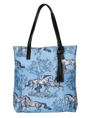 AWST Int'l "Lila" Blue Toile Pattern Tote Bag w/ Tassel