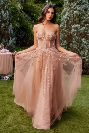 Ayesha Prom Dress Strapless with Bow Sleeve Gown 6201338HNX-RoseGold Andrea & Leo A1338