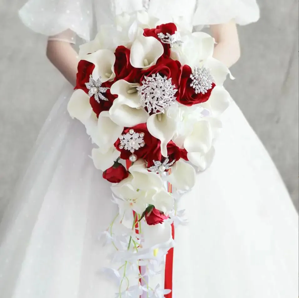 AYiCuthia Royal White Waterfall Bridal Bouquet Artificial Flowers with Pearls