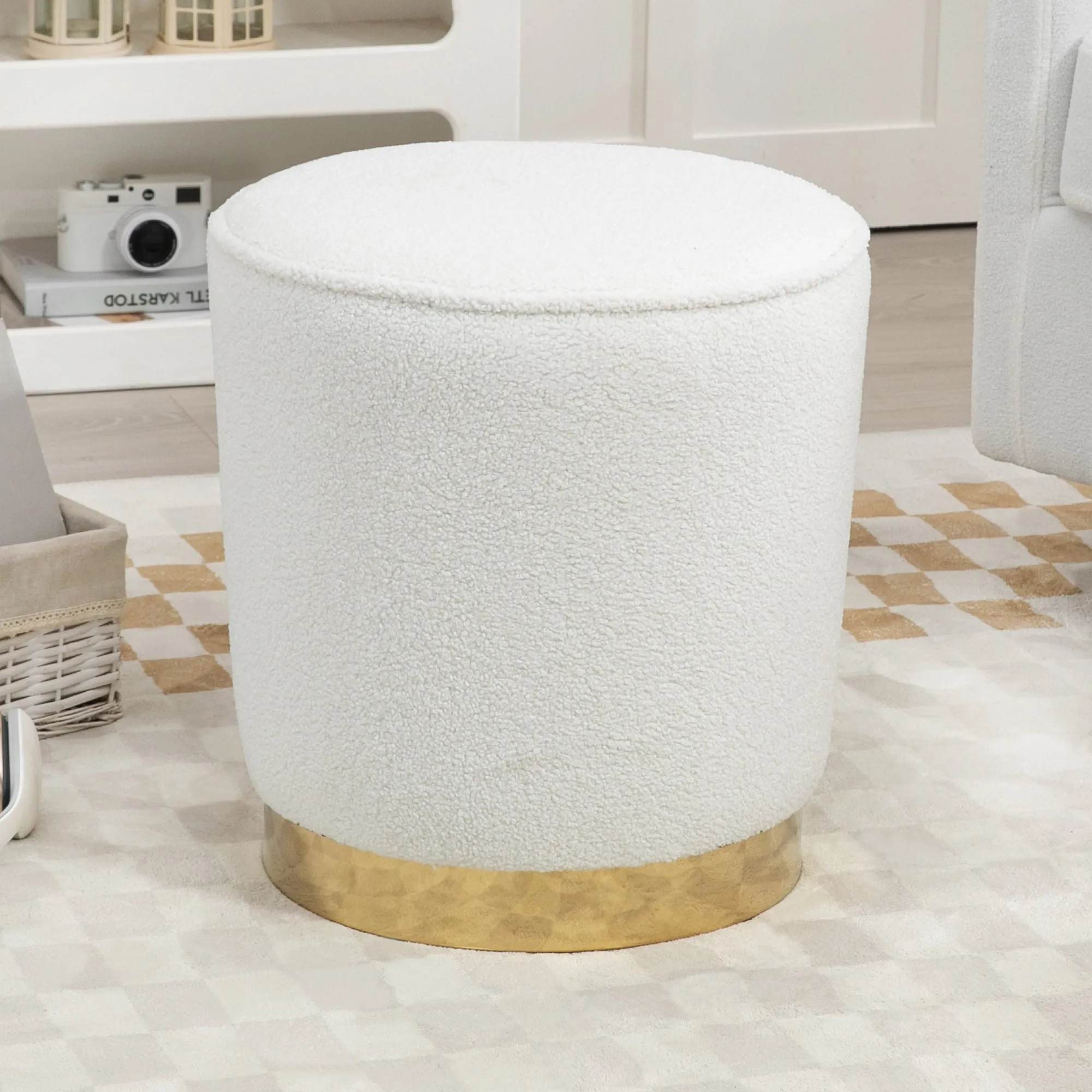 Aysel White Boucle Fabric Ottoman with Golden Accent Base