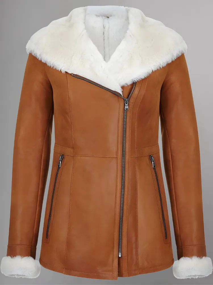 Ayva’s Tan Sheepskin Coat With Hoodie for Women