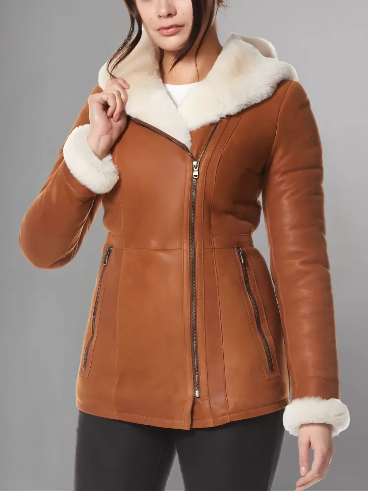 Ayva’s Tan Sheepskin Coat With Hoodie for Women