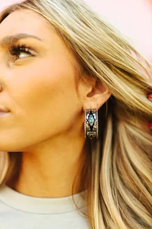 Aztec and Turquoise Textured Hoop Earrings