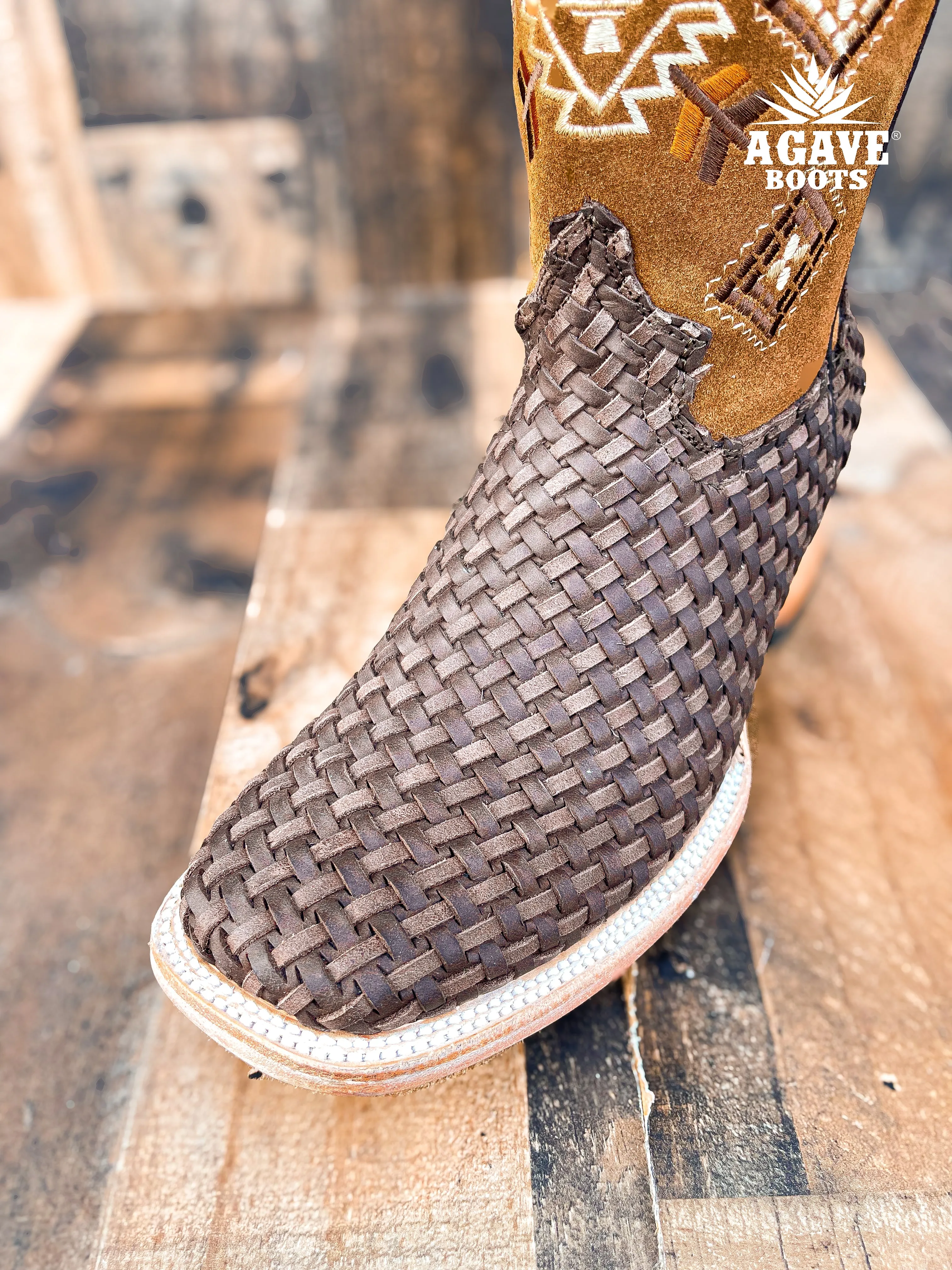 AZTEC BROWN BASKET WEAVE PETATILLO | MEN SQUARE TOE WESTERN COWBOY BOOTS