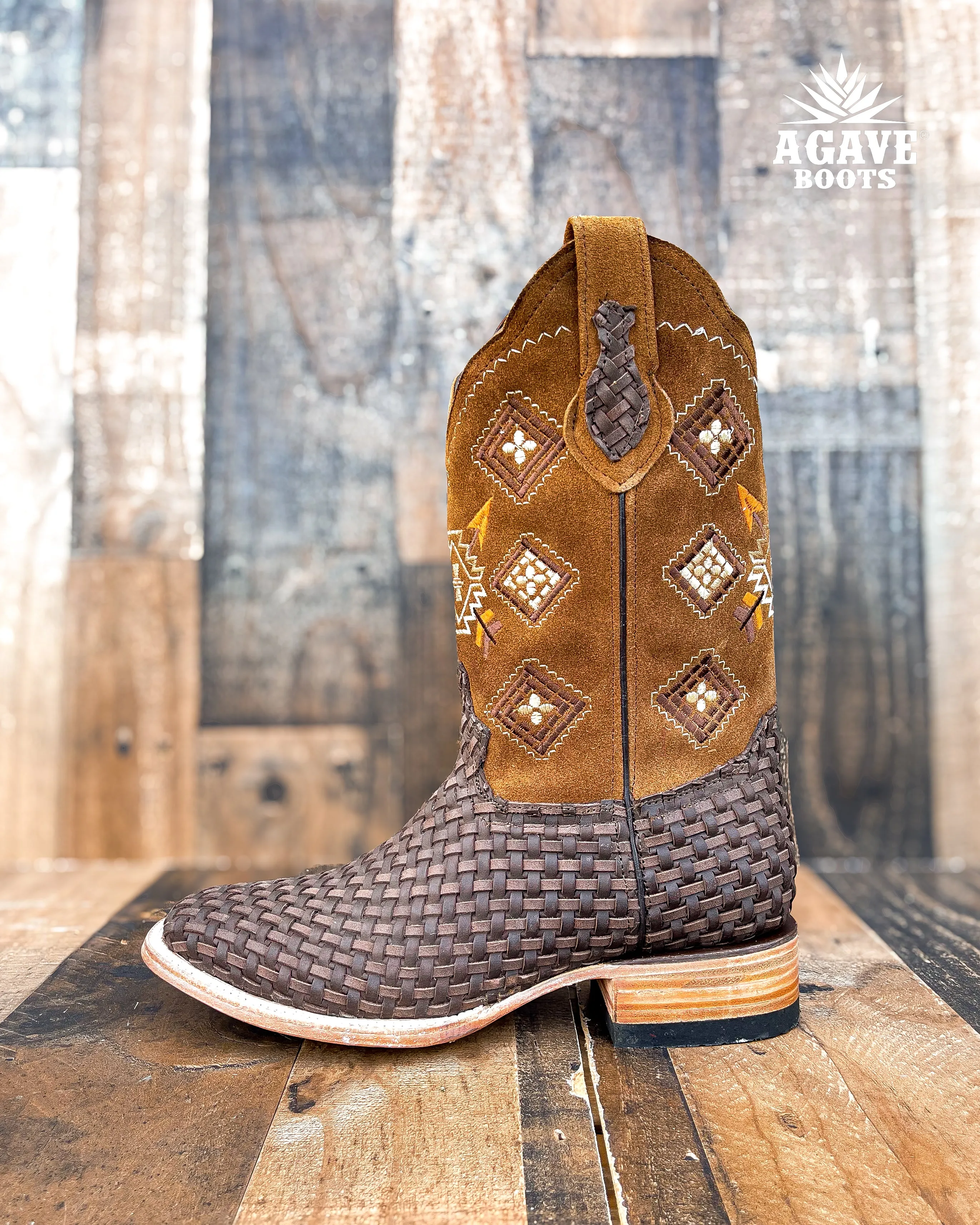 AZTEC BROWN BASKET WEAVE PETATILLO | MEN SQUARE TOE WESTERN COWBOY BOOTS