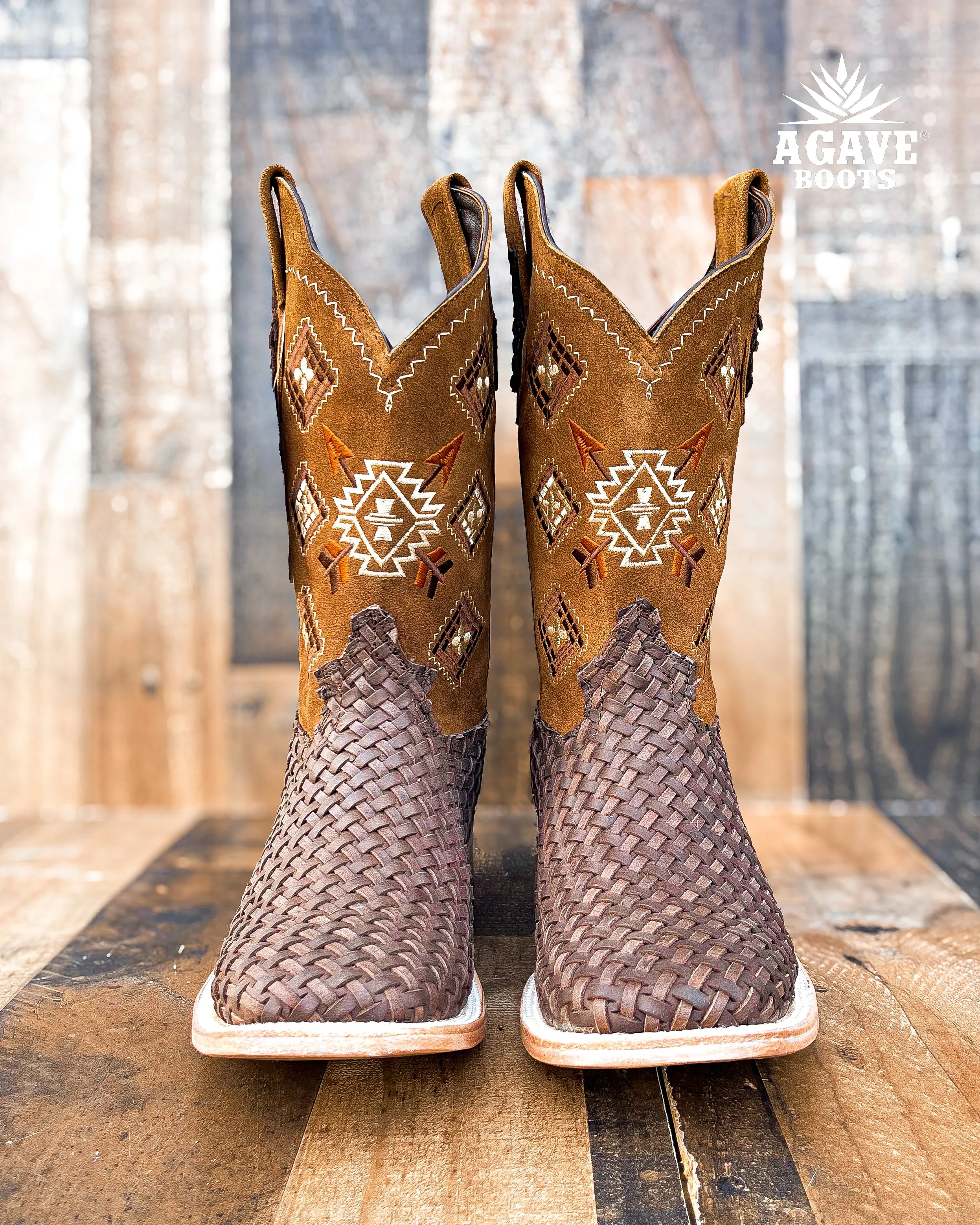 AZTEC BROWN BASKET WEAVE PETATILLO | MEN SQUARE TOE WESTERN COWBOY BOOTS