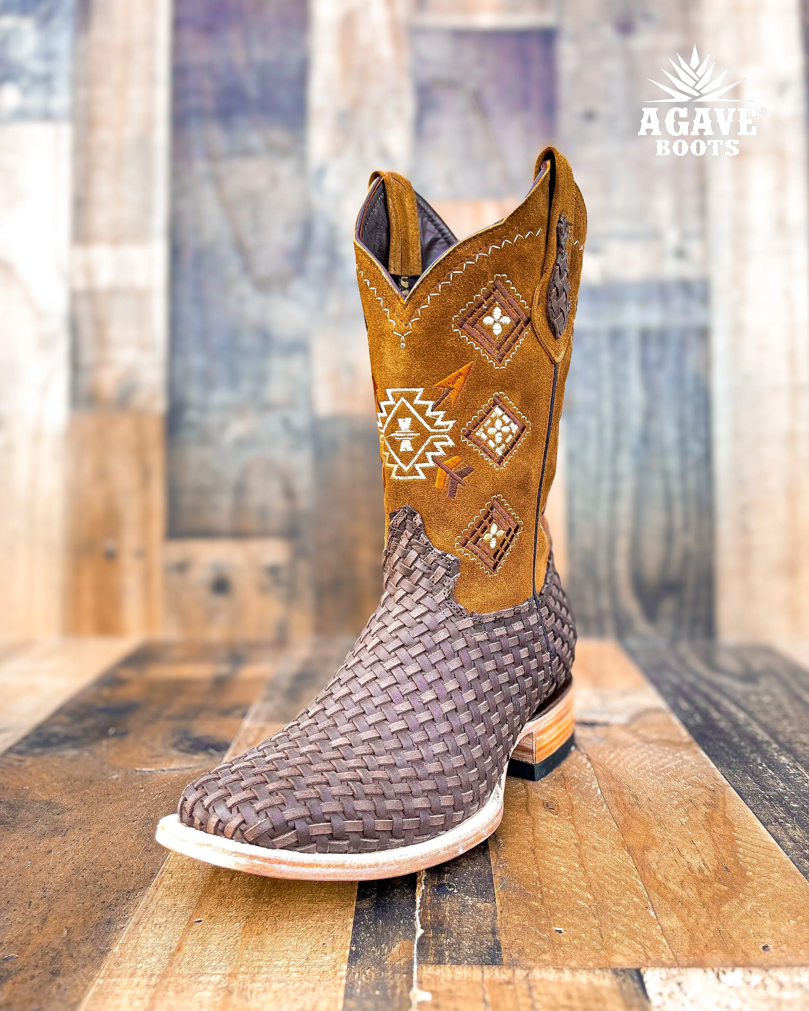 AZTEC BROWN BASKET WEAVE PETATILLO | MEN SQUARE TOE WESTERN COWBOY BOOTS