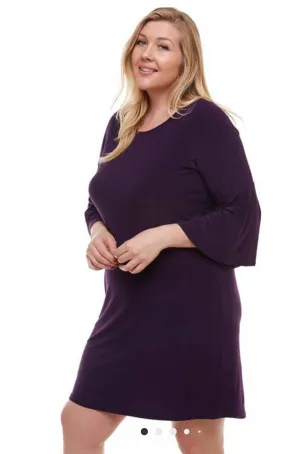 Azules Eggplant Bell Sleeve Dress-PLUS SIZE