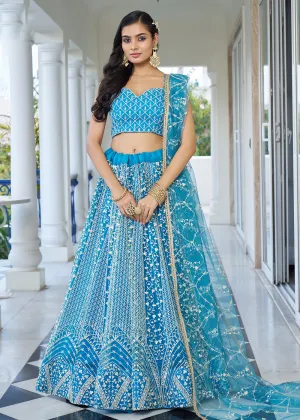 Azure Blue Designer Embroidered Wedding Lehenga Choli