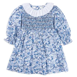 Azure Blue Floral Dress with Frilled Collar