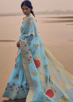 Azure Blue Woven Linen Silk Saree with Floral Motif on Pallu and Border