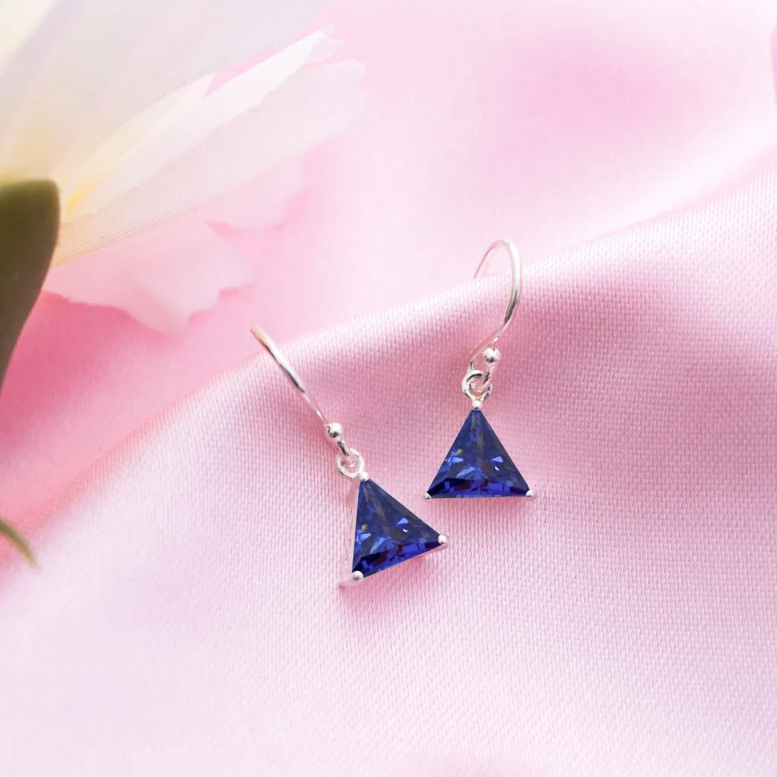 Azure Triangles Rhodium Plated Blue CZ 925 Sterling Silver Earrings