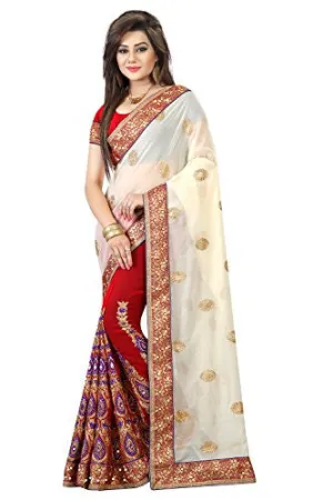 B Bella Creation Women's Georgette Saree (CREAM AND RED COLOUR BLUE YARN_Multi-Coloured_Free size)