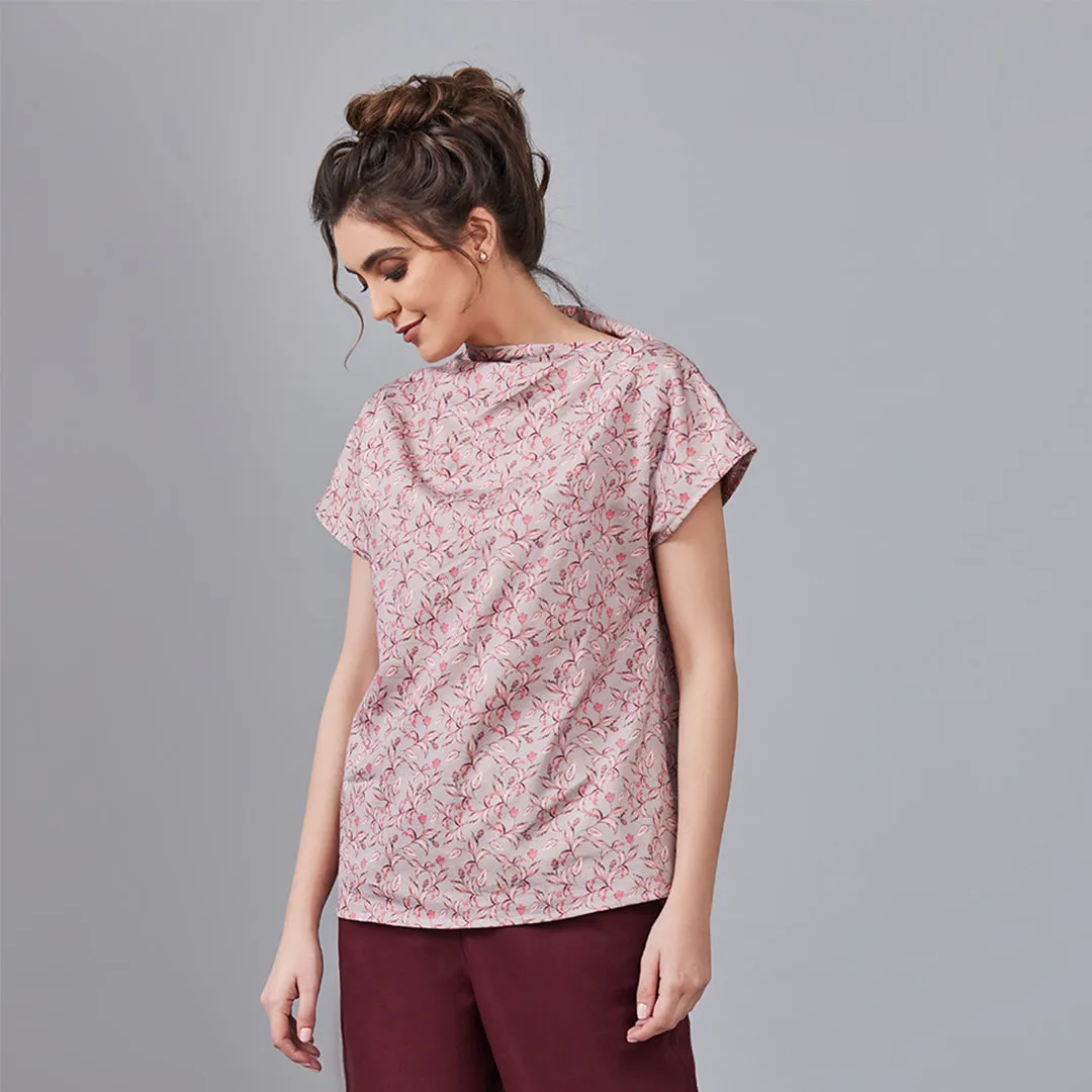 B77 ANYA Printed Organic Cotton Women's Top with Draped Shoulder-Pink