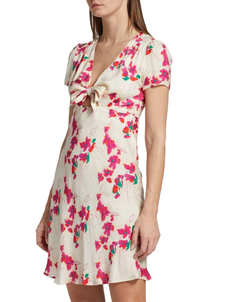 Ba&Sh Floral Jacquard Mini Dress with Tie Front in Ecru